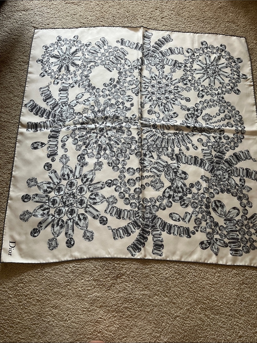 Dior Black and Cream Crystal Motif Silk Scarf